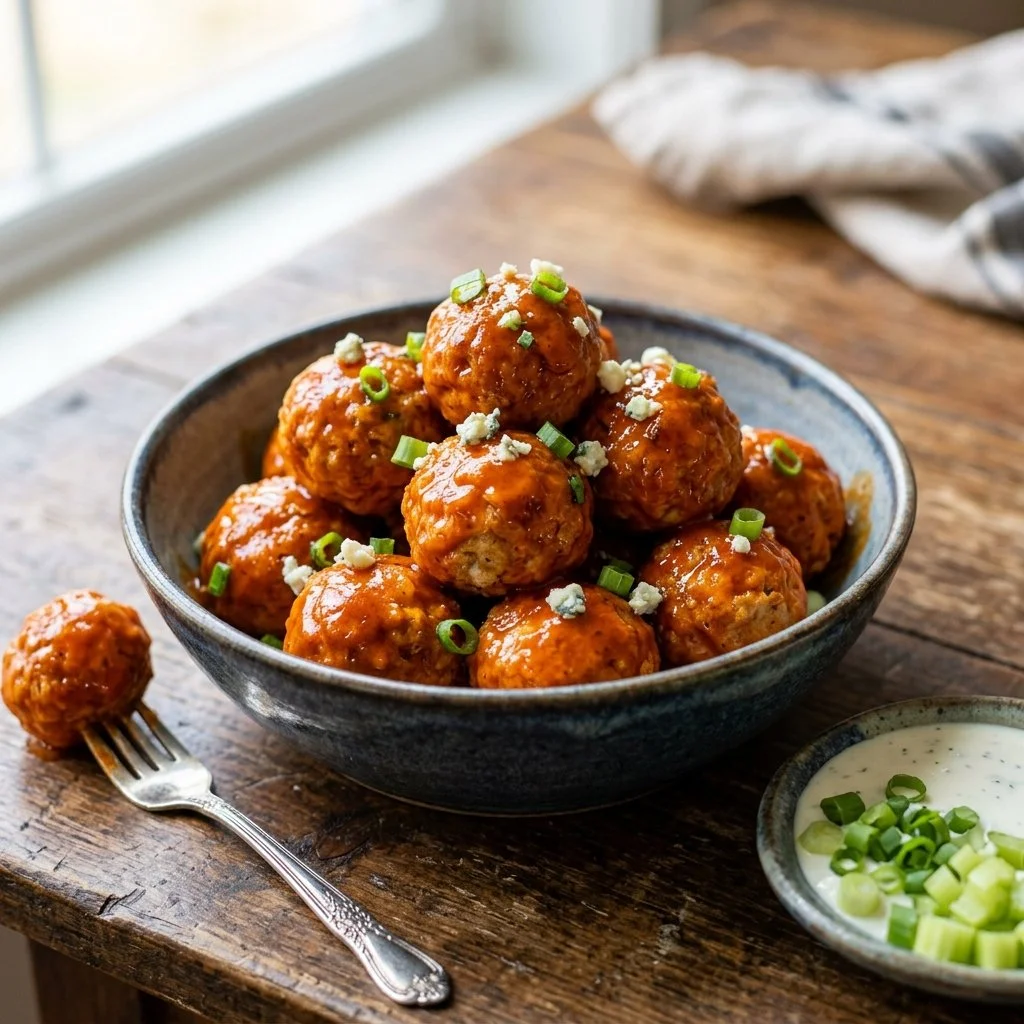 Buffalo Chicken Meatballs served on a platter with dipping sauce