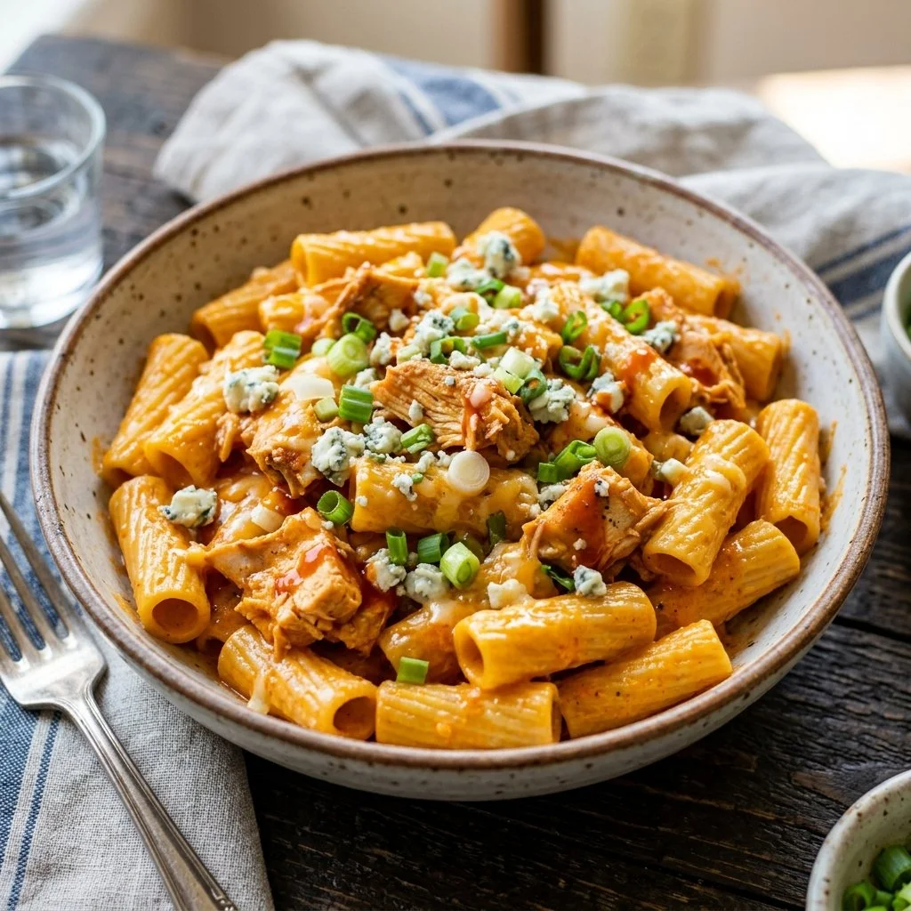 Creamy Buffalo Chicken Pasta topped with herbs and cheese in a bowl