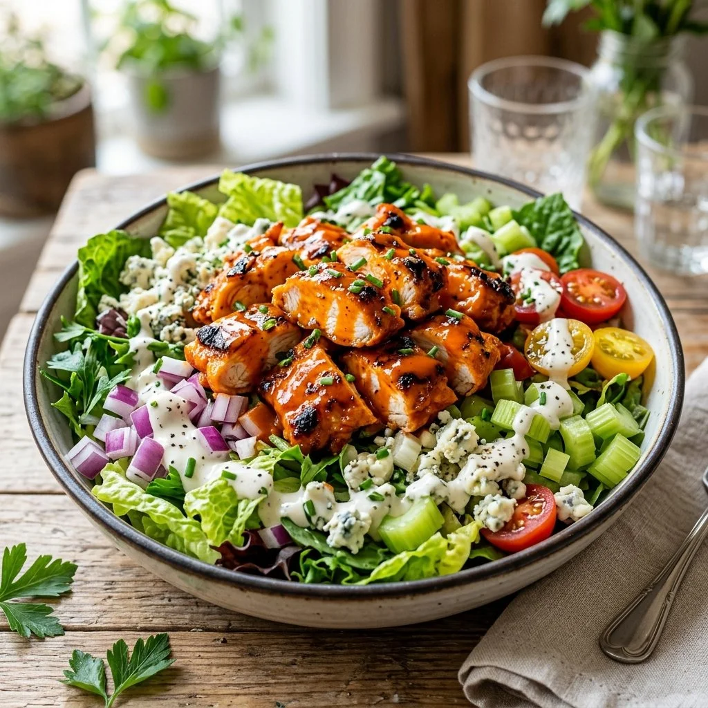 Fresh Buffalo Chicken Salad with lettuce, chicken, and dressing