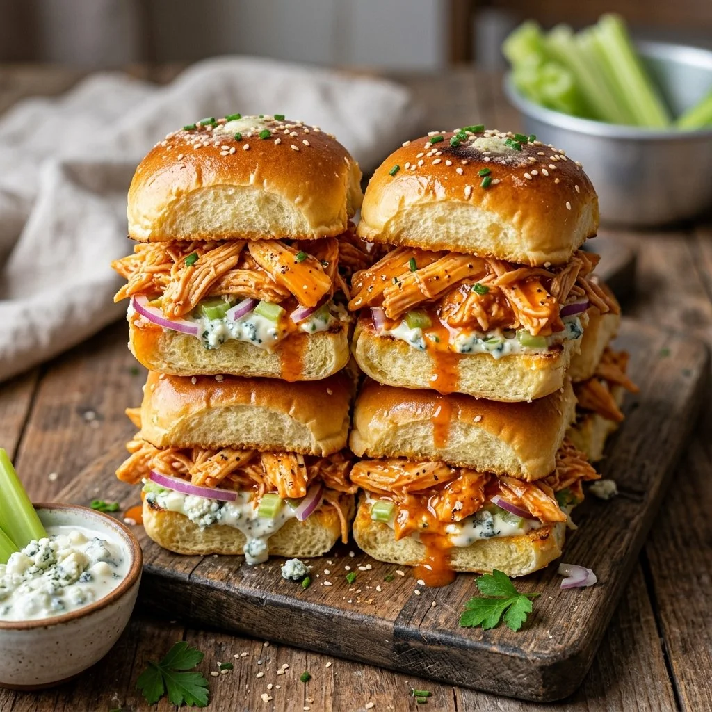 Buffalo Chicken Sliders served on a platter with toppings