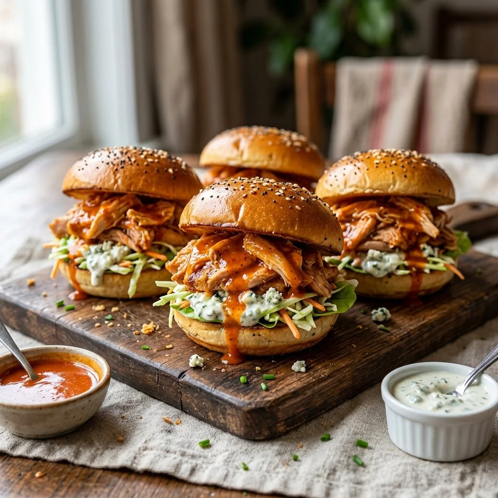 Plate of delicious Buffalo Chicken Sliders garnished with celery