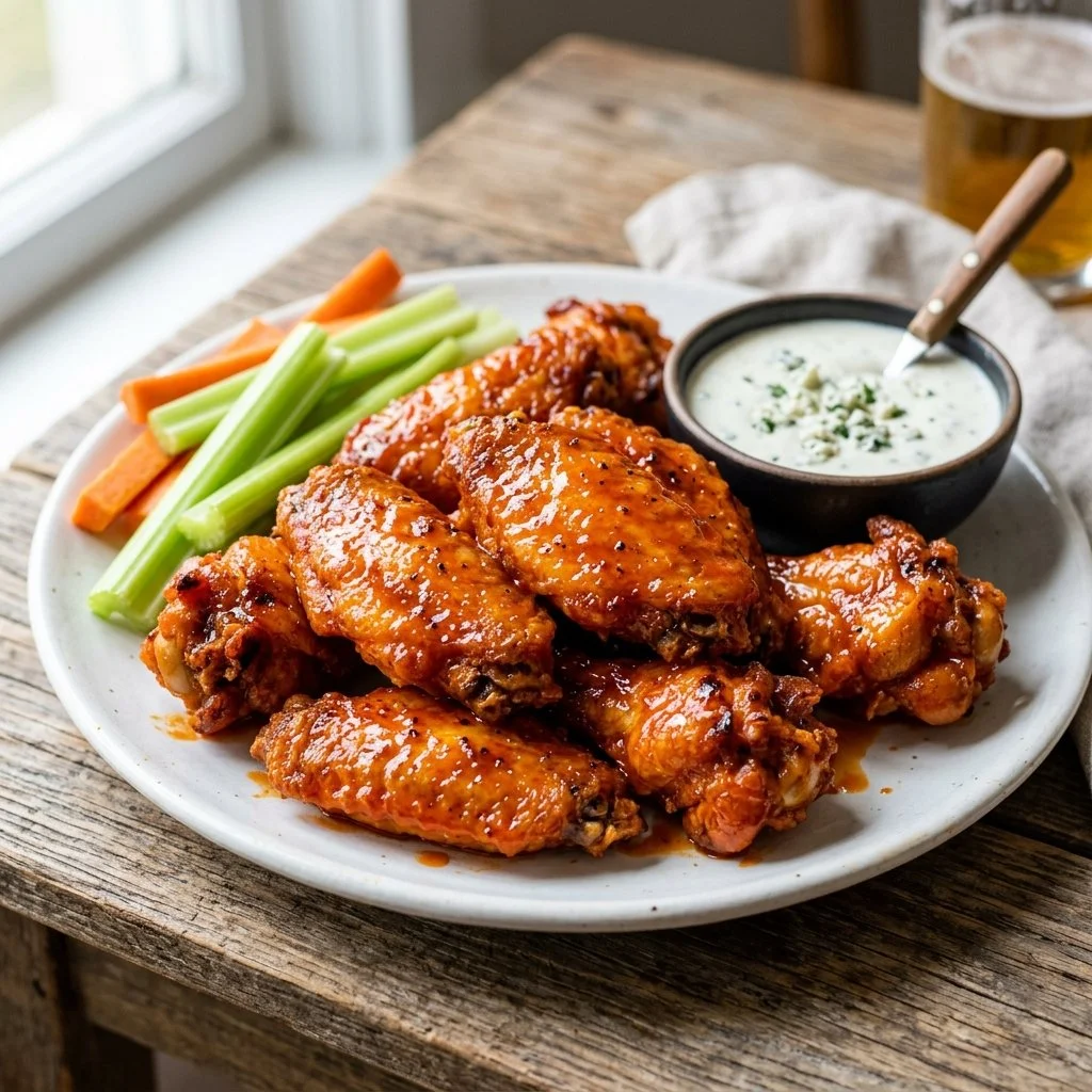 Plate of crispy Buffalo Chicken Wings with dipping sauce and celery sticks.