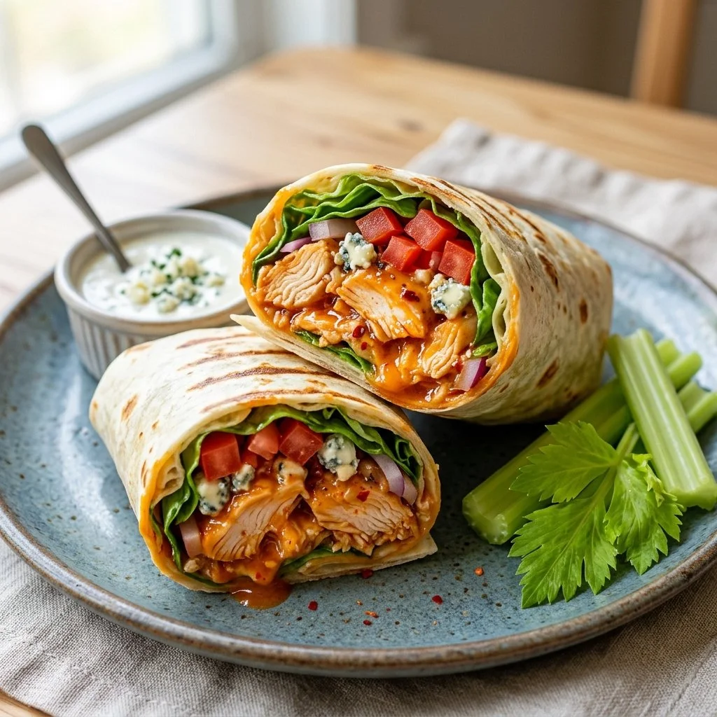 Delicious Buffalo Chicken Wraps filled with chicken, sauce, and fresh vegetables.