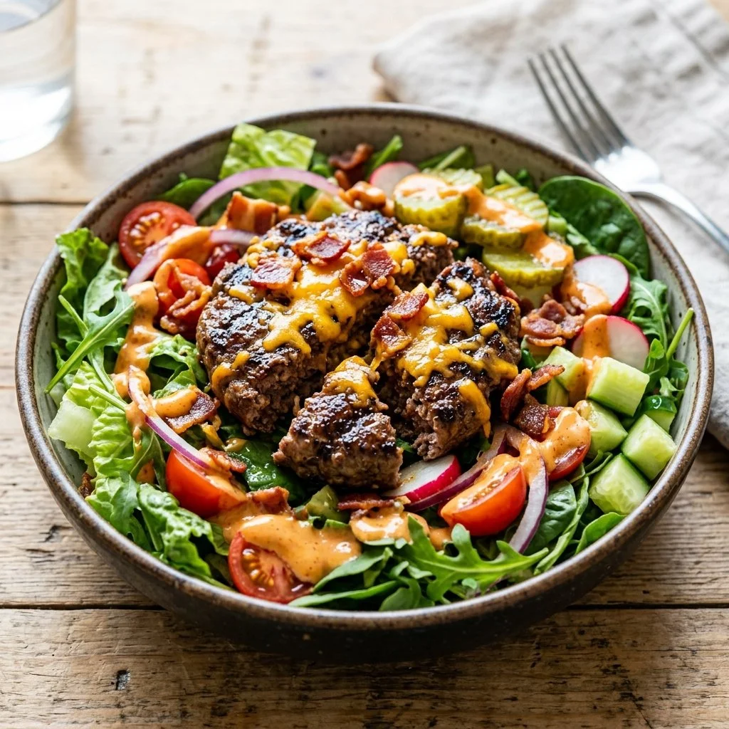 Healthy burger salad bowl with fresh greens and toppings