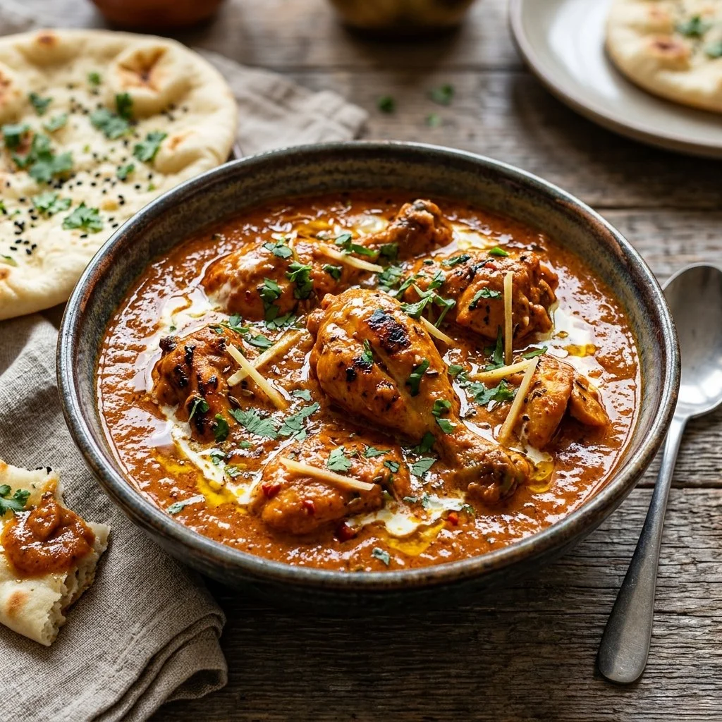 Creamy butter chicken served with rice and naan on a wooden table