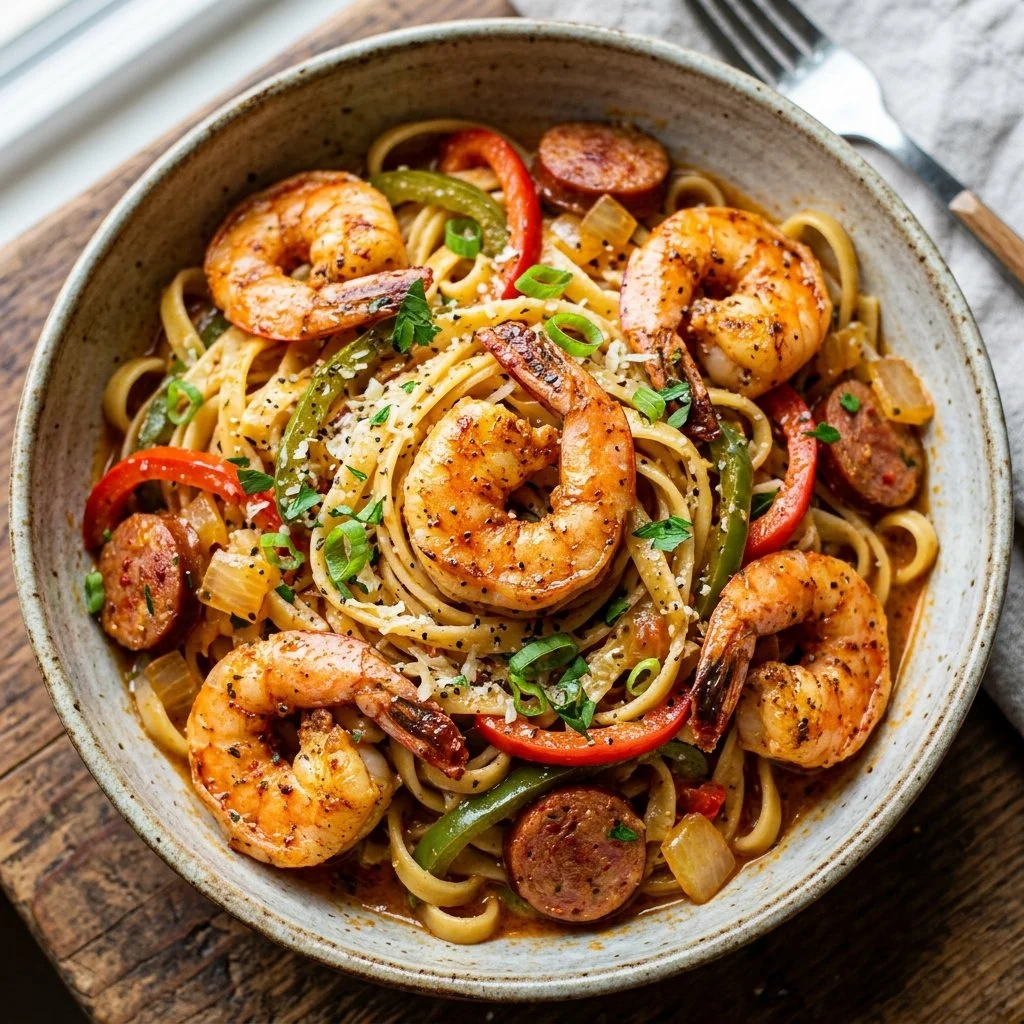 Delicious Cajun Shrimp Pasta with spicy seasoning and shrimp over pasta