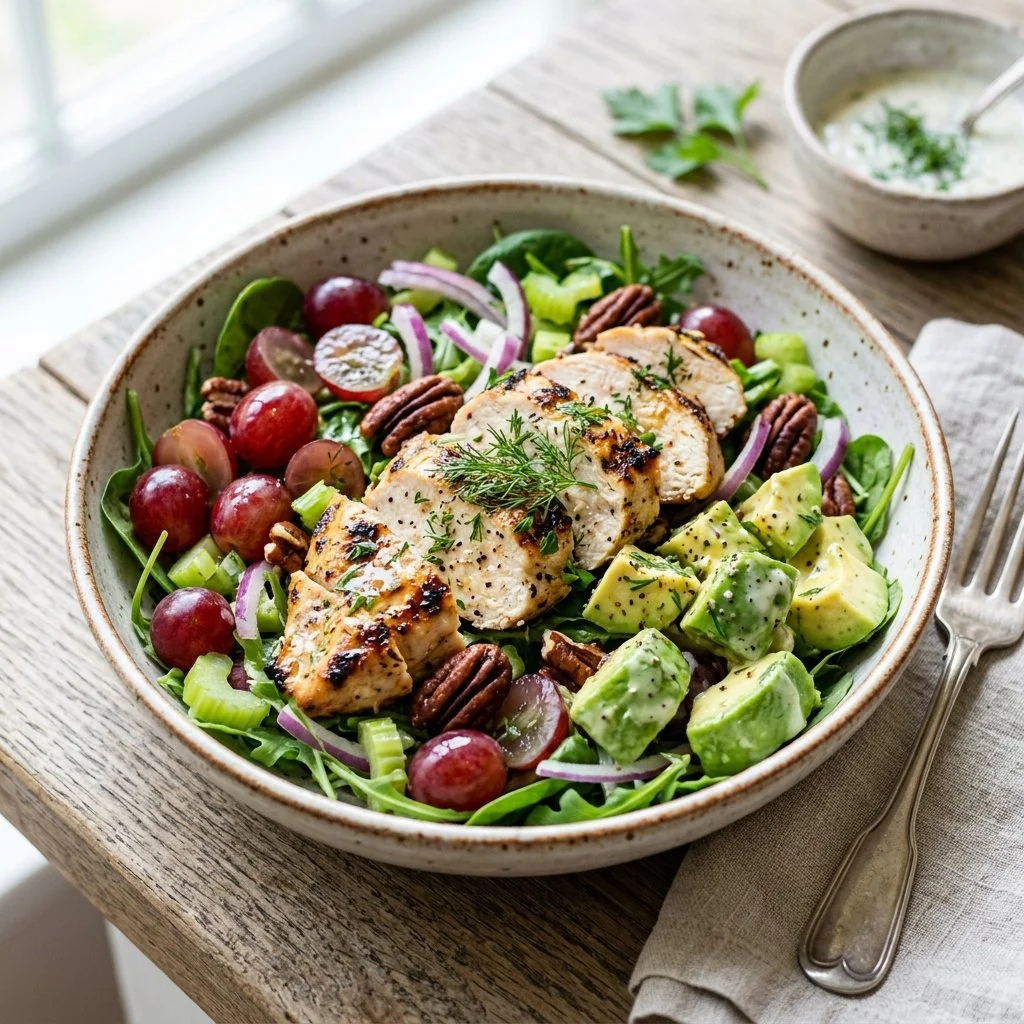 A vibrant California Chicken Salad topped with greens, avocado, and chicken.