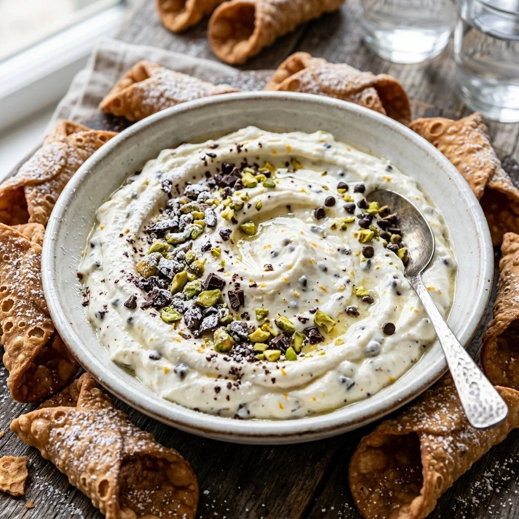 Delicious Cannoli Dip served in a bowl with dipping treats.