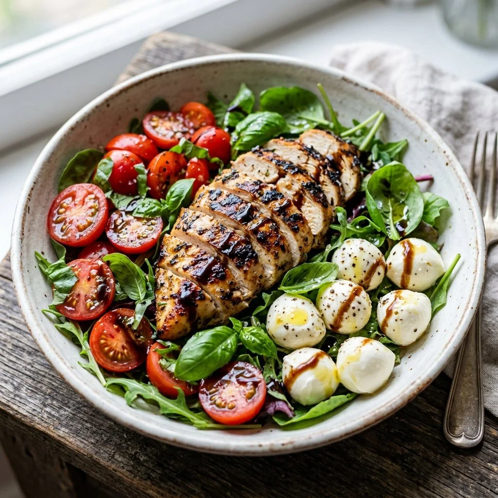 Delicious Caprese Chicken Salad with chicken, mozzarella, tomatoes, and basil.