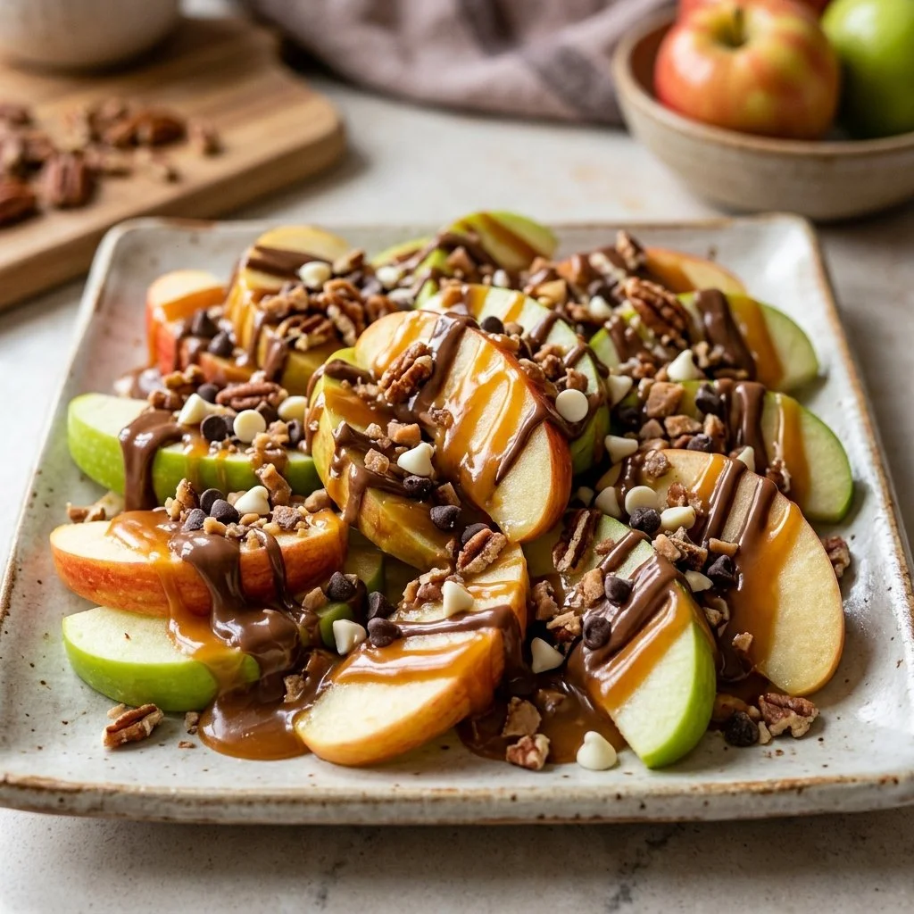 Delicious Caramel Apple Nachos topped with chocolate and nuts