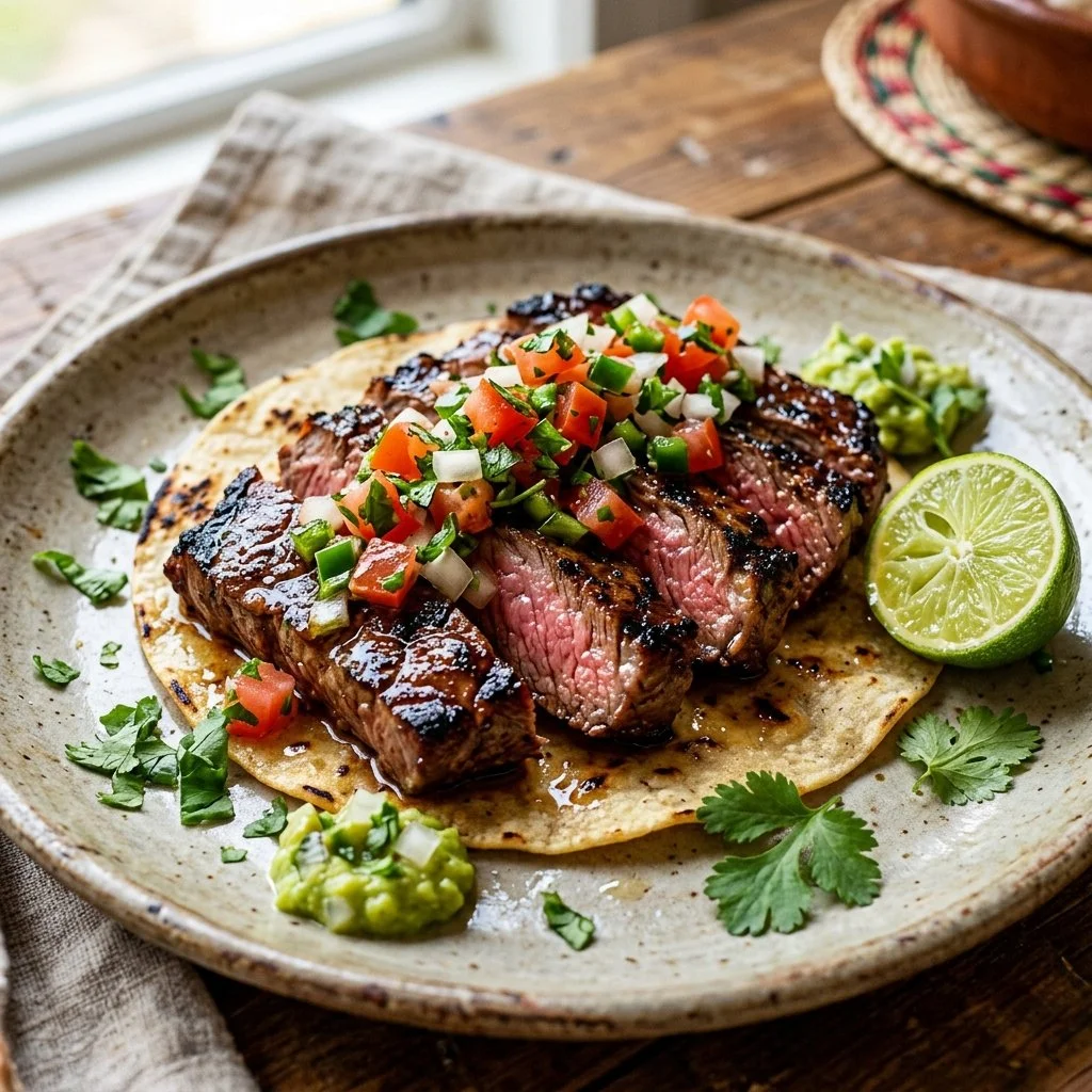 Delicious Carne Asada served with fresh toppings and garnishes