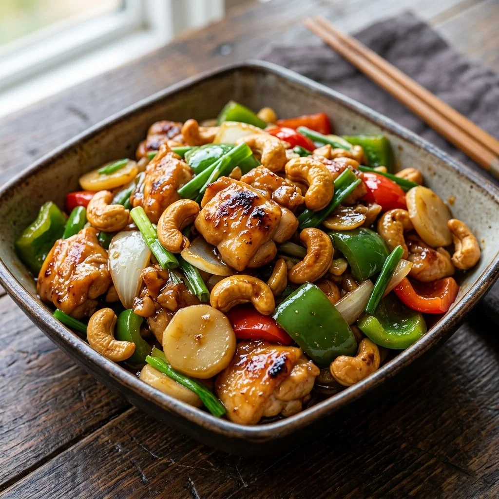 Delicious cashew chicken stir-fry with vegetables and cashews