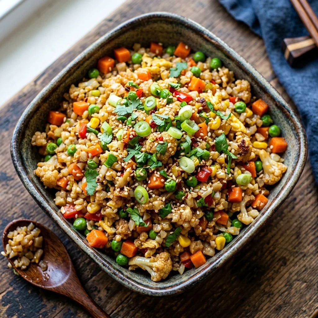 Bowl of flavorful cauliflower fried rice with vegetables and herbs