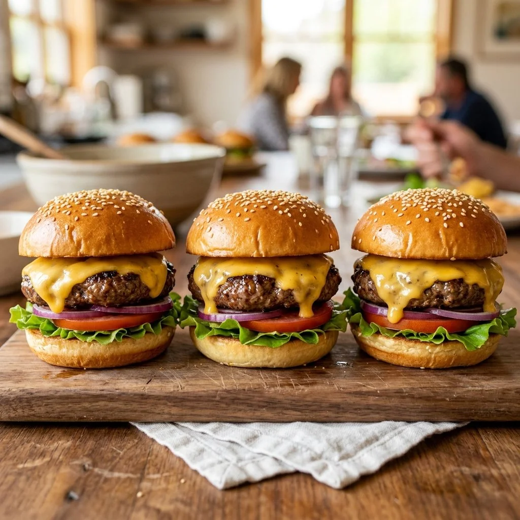 A plate of tasty cheeseburger sliders topped with cheese and pickles.