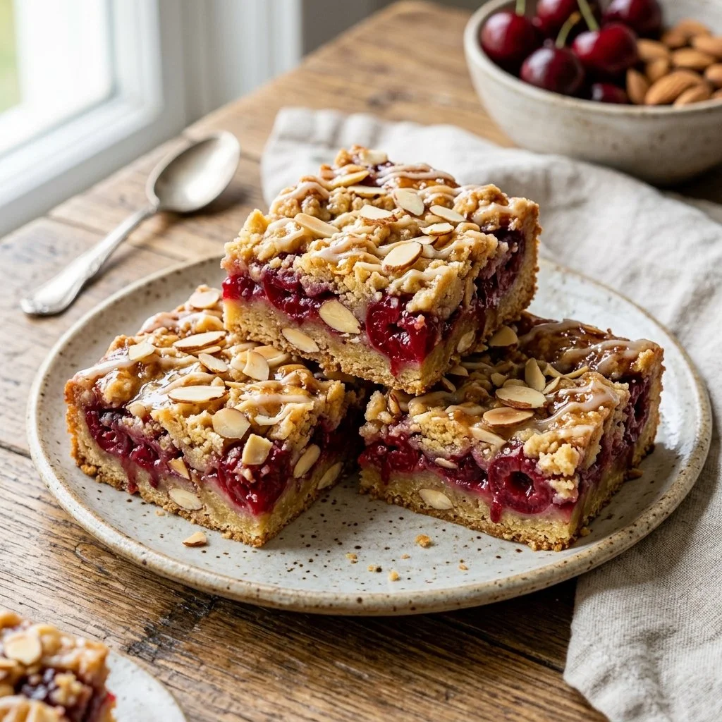 Cherry Almond Bars with cherries and almonds on a plate