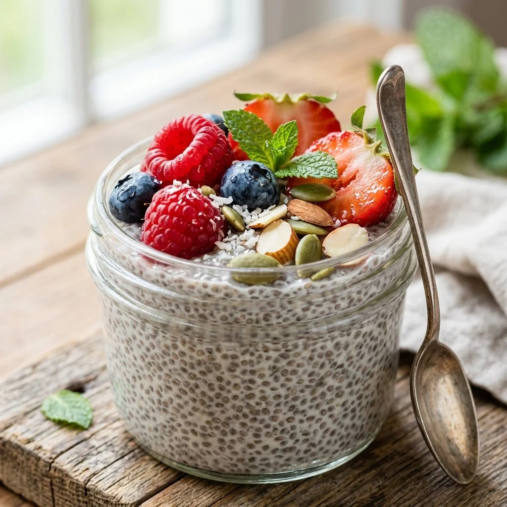 Delicious and healthy chia seed pudding served in a glass with fresh fruits