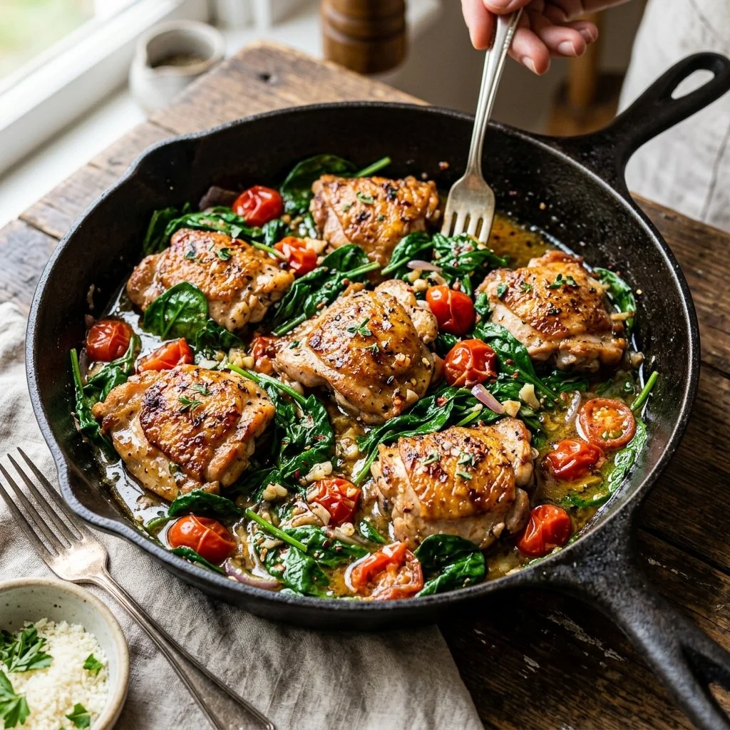 Chicken and spinach skillet dish prepared in a frying pan