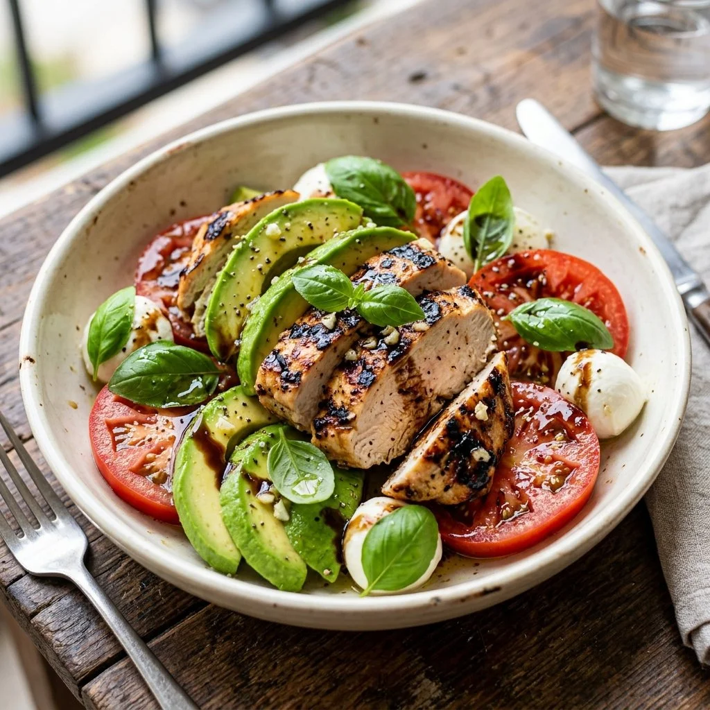 Delicious Chicken Avocado Caprese salad with chicken, avocado, mozzarella, and basil.