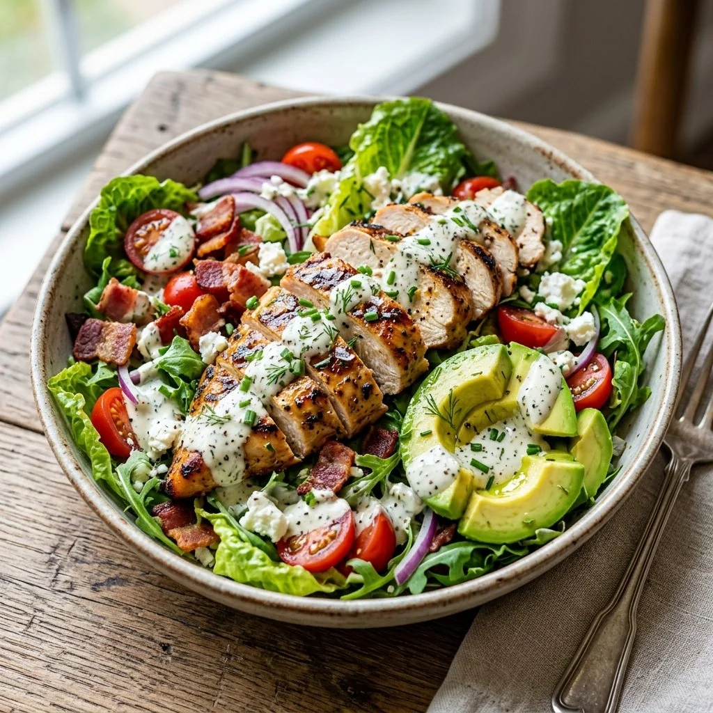 A fresh Chicken Avocado Ranch Salad with grilled chicken, avocado, and ranch dressing.