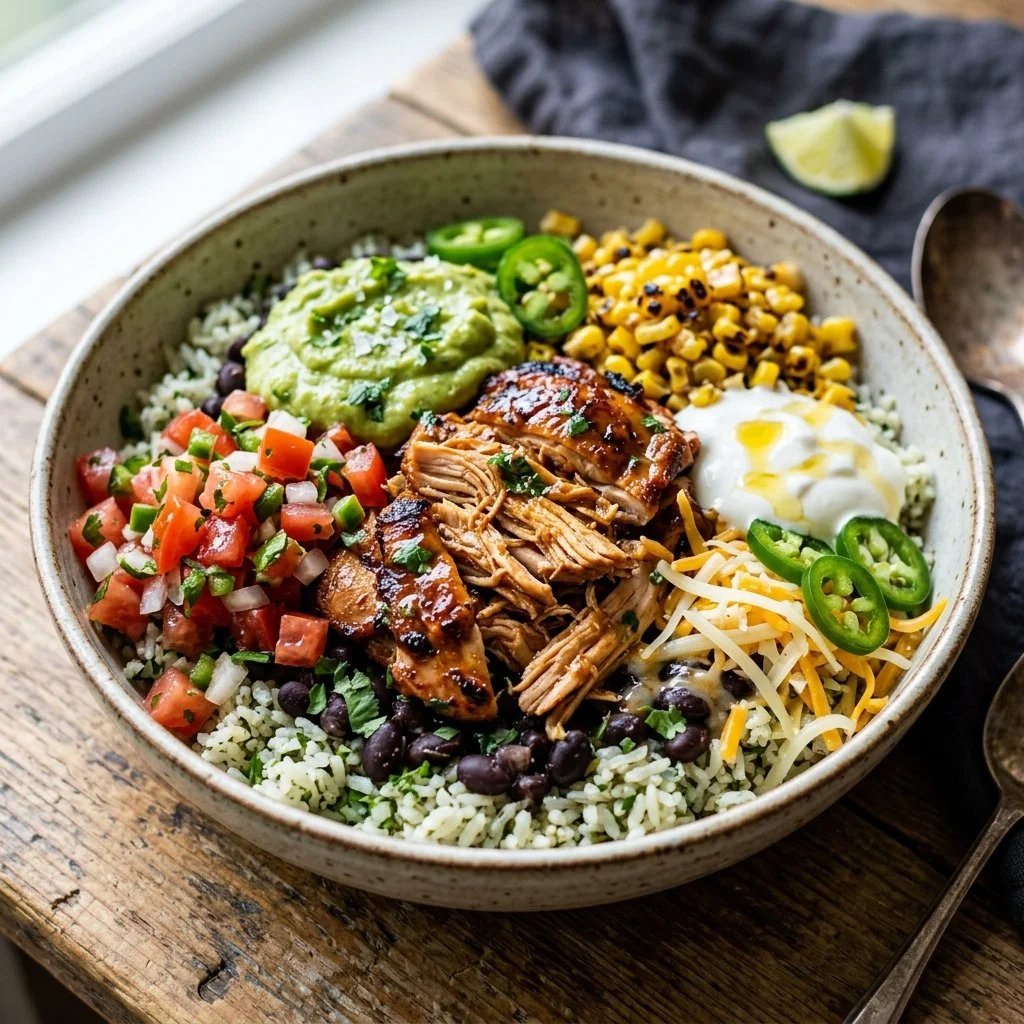 Healthy chicken burrito bowl with fresh vegetables and toppings