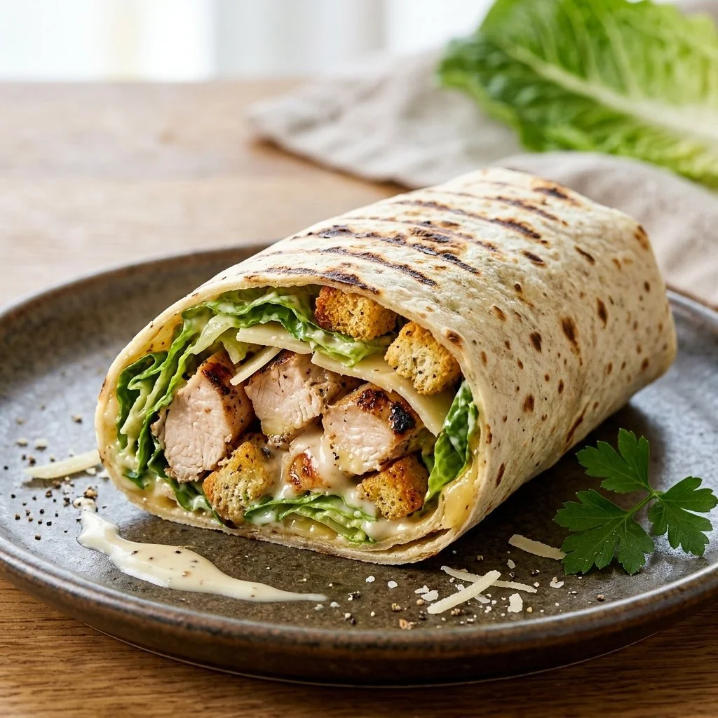 Delicious Chicken Caesar Wrap with chicken, romaine lettuce, and Caesar dressing