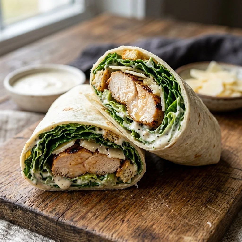 Delicious Chicken Caesar Wrap with fresh ingredients and Caesar dressing.