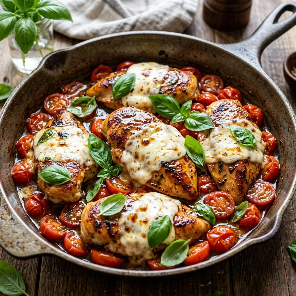 Chicken Caprese Skillet with fresh mozzarella, tomatoes, and basil.