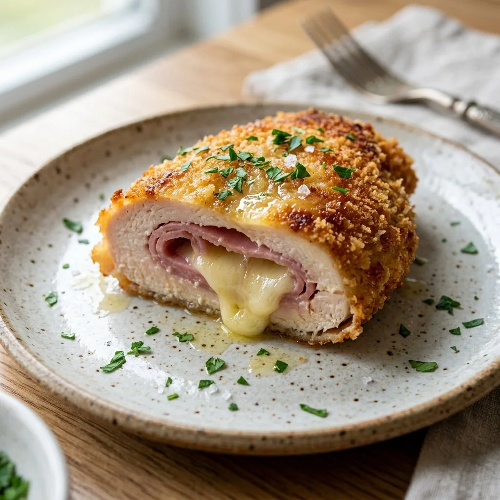Delicious Chicken Cordon Bleu with melted cheese and crispy coating