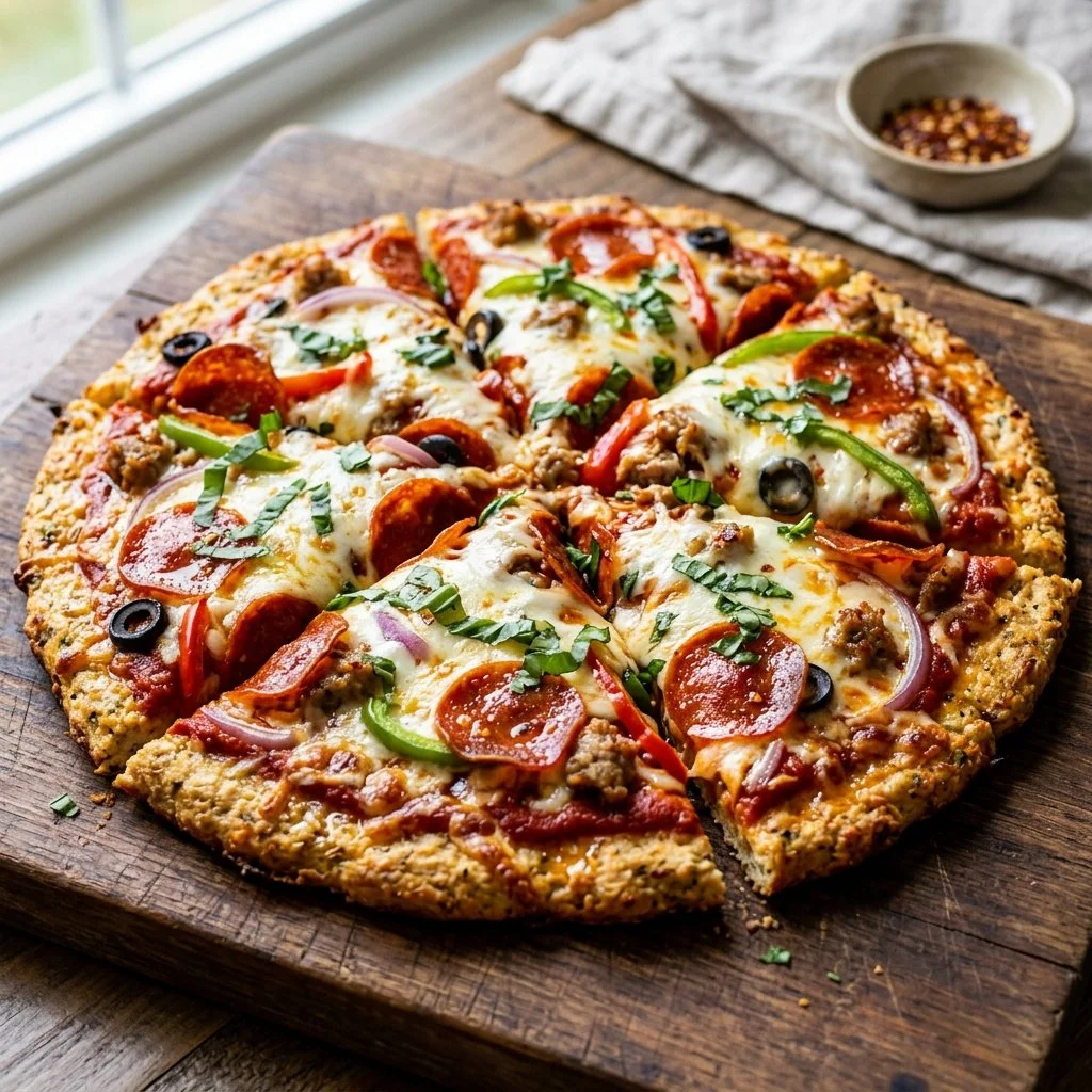 Delicious Chicken Crust Pizza with fresh toppings and cheese