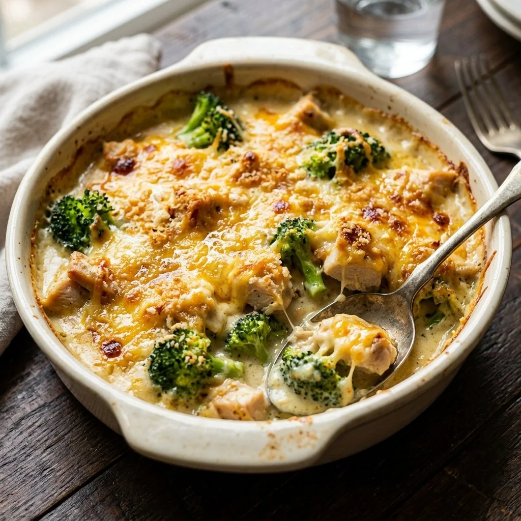 Delicious Chicken Divan casserole dish with broccoli and creamy sauce