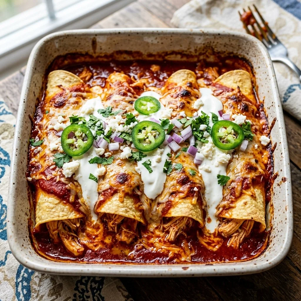 Delicious Chicken Enchiladas topped with cheese and fresh ingredients