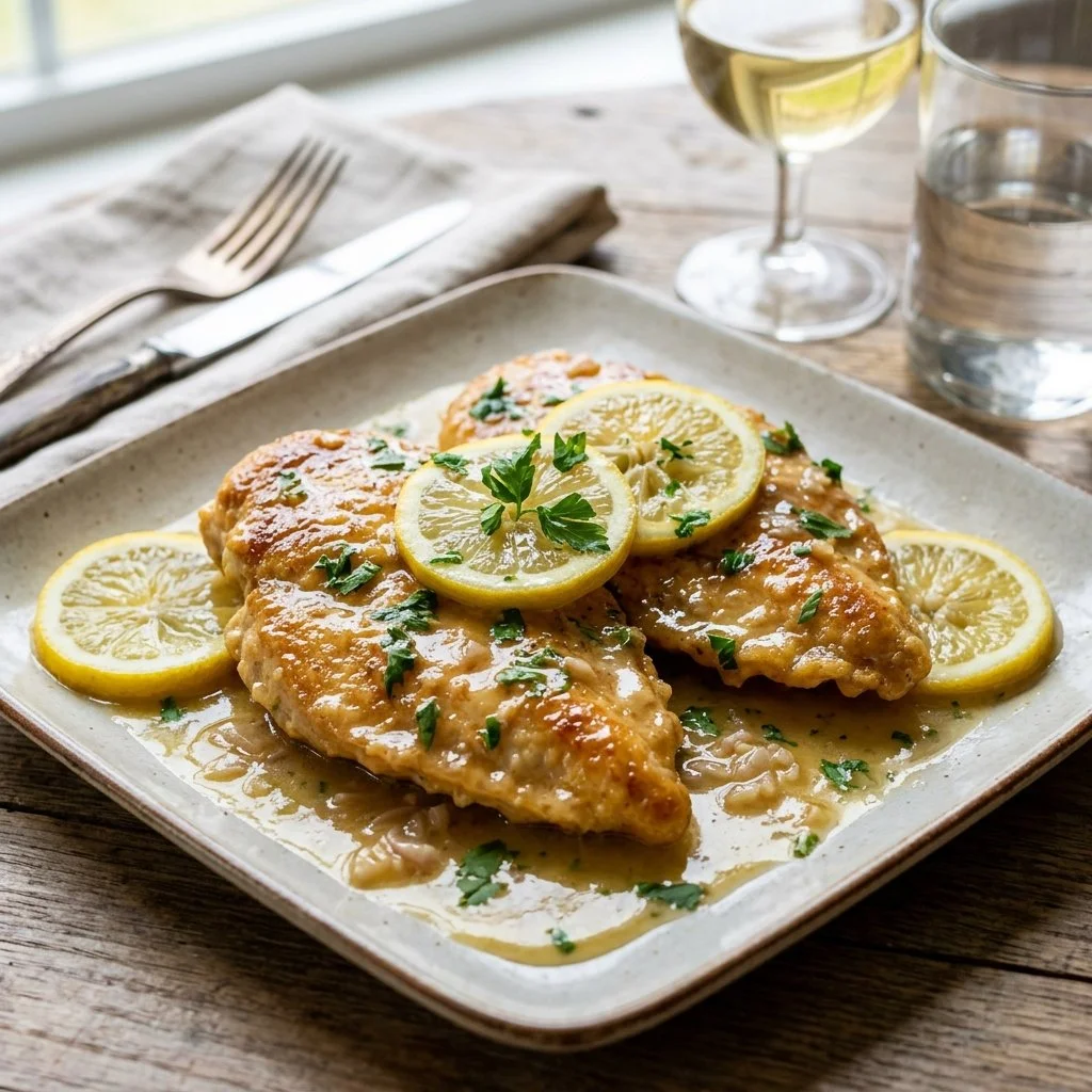 Delicious Chicken Francese served with lemon butter sauce and herbs