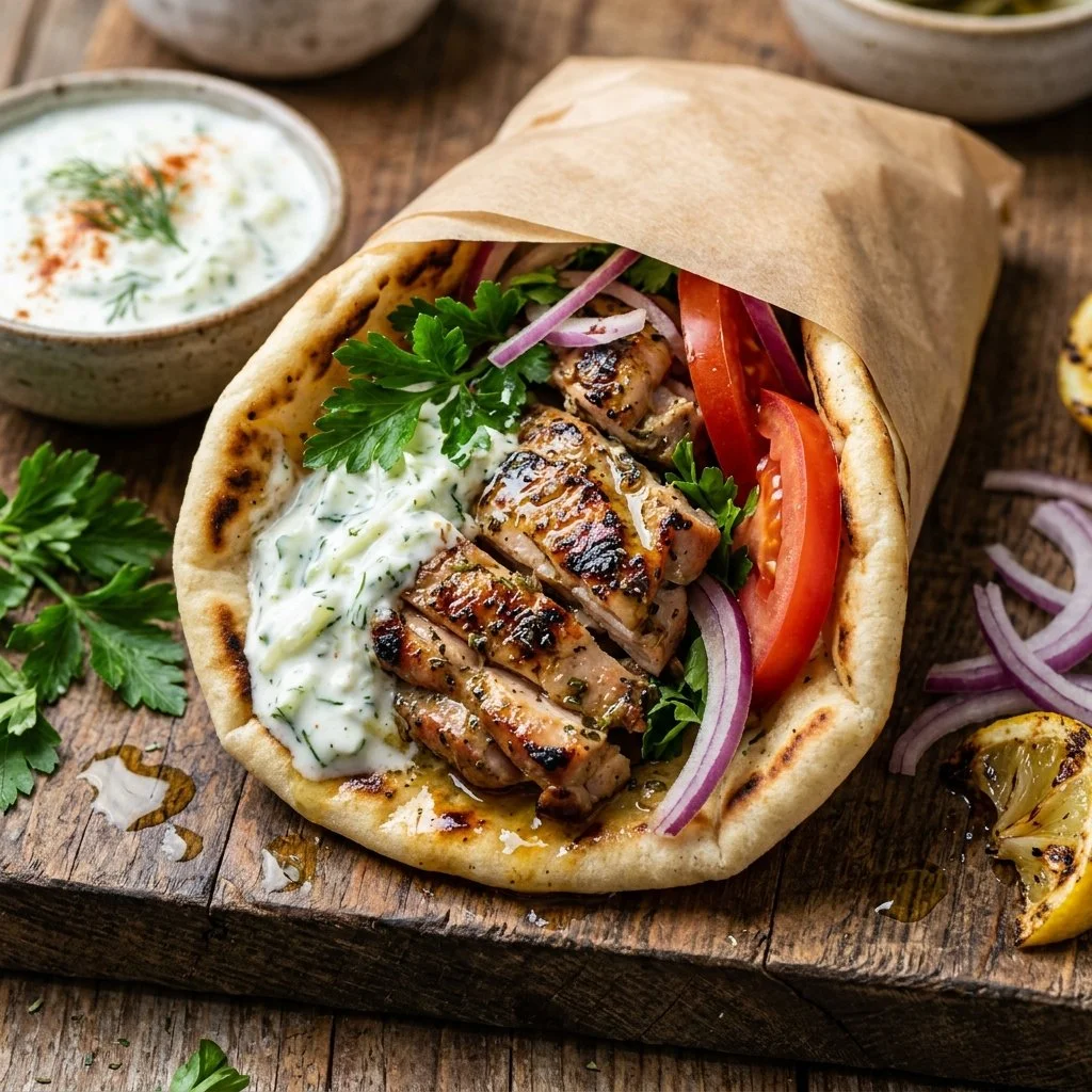 Delicious chicken gyros served with fresh vegetables and tzatziki sauce