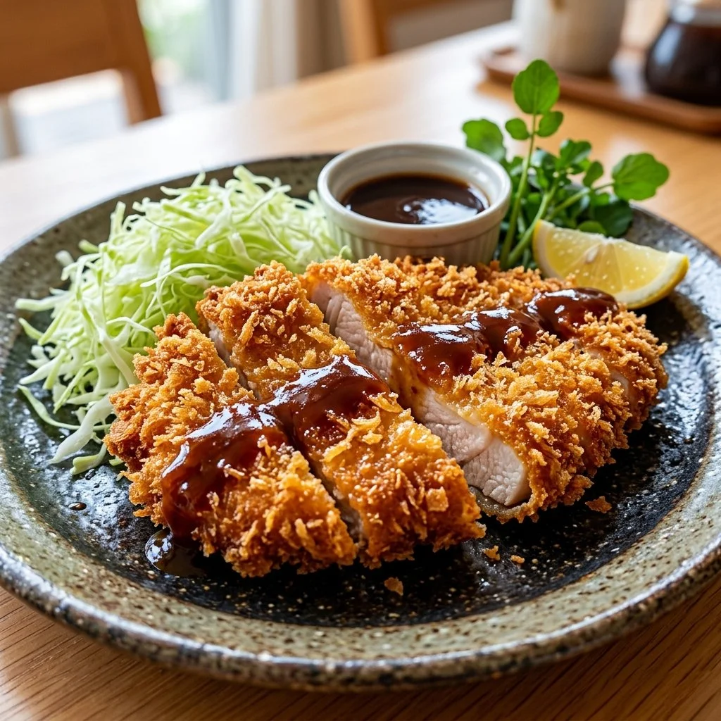 Delicious Chicken Katsu served with sauce and garnishes on a plate