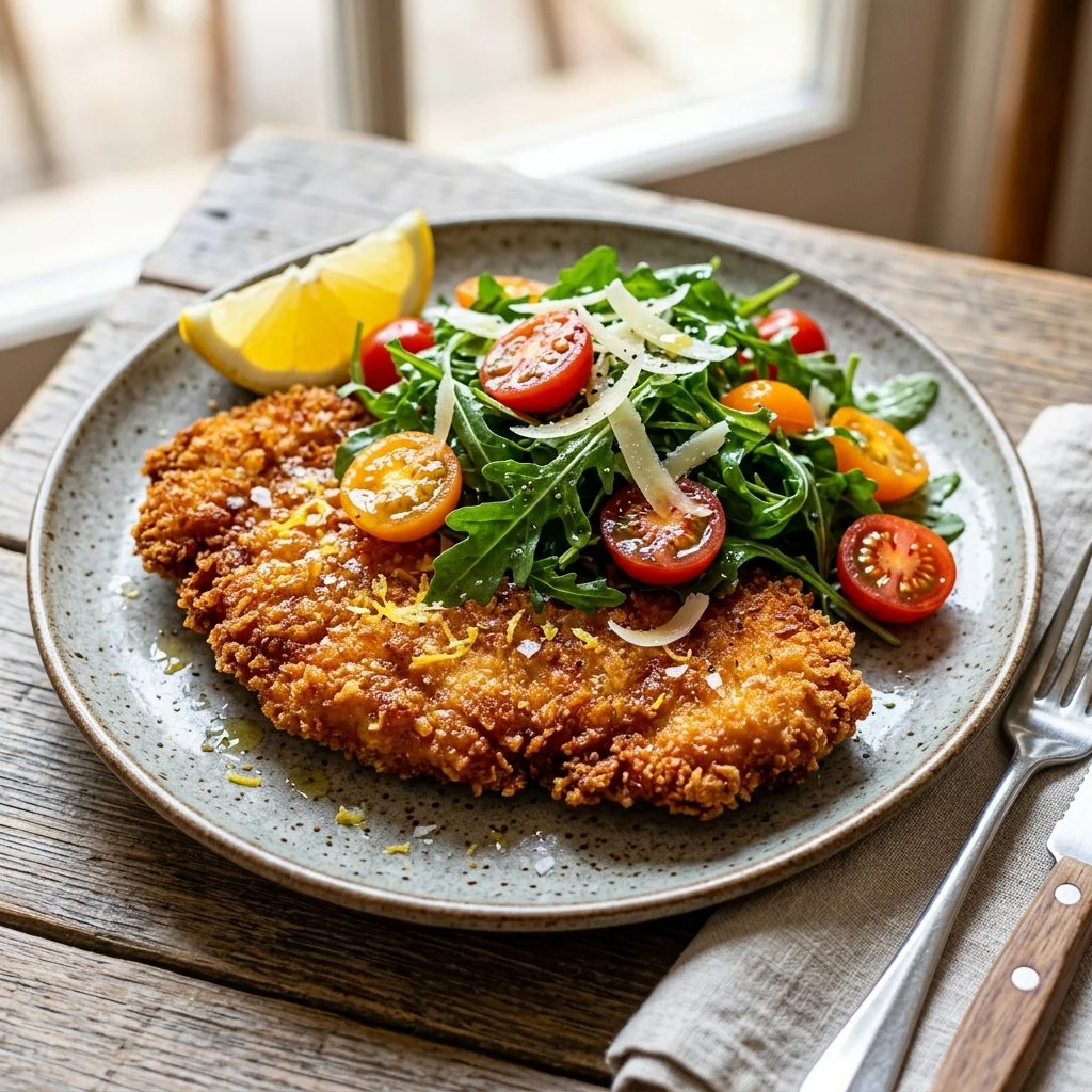 Crispy Chicken Milanese served with fresh greens and lemon wedges.
