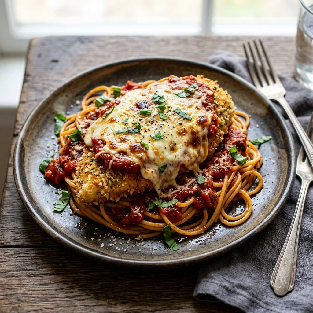 Delicious Chicken Parmesan with marinara sauce and melted cheese