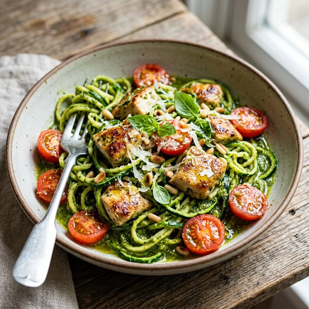 Plate of Chicken Pesto Zucchini Noodles garnished with basil and cherry tomatoes