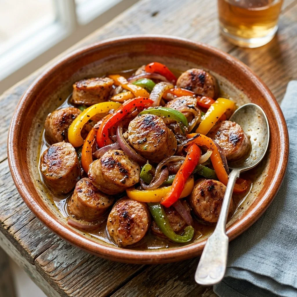 Delicious chicken sausage and peppers served on a plate