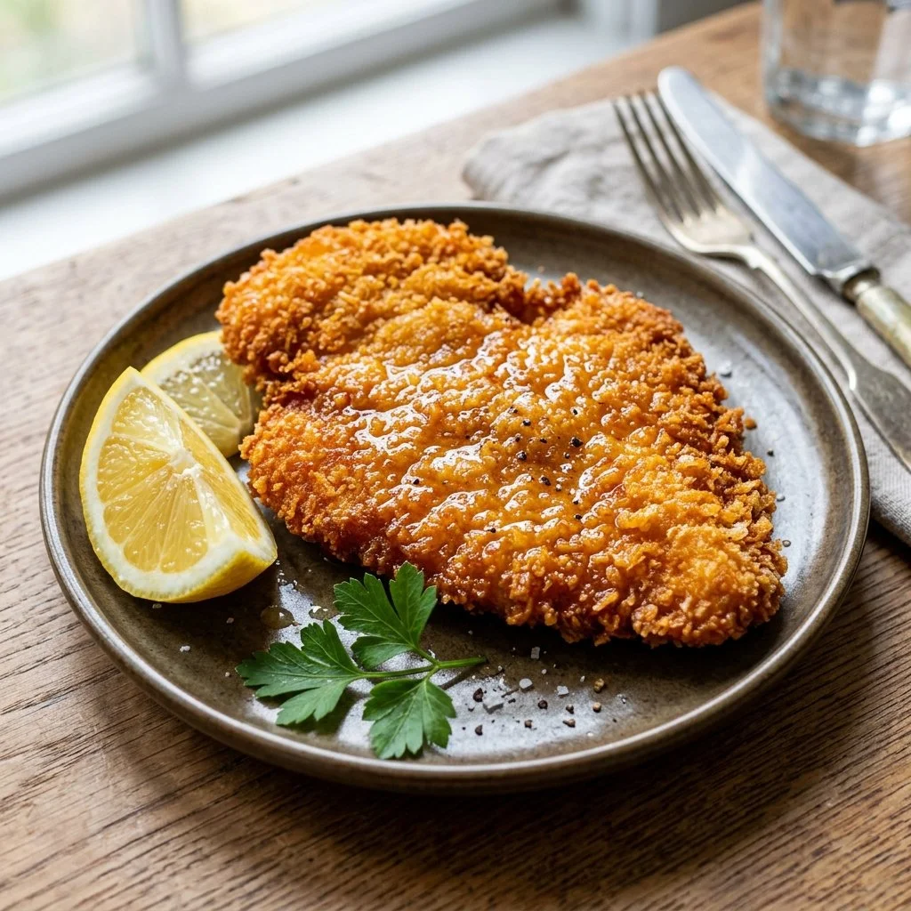 Crispy Chicken Schnitzel served with lemon and parsley on a plate