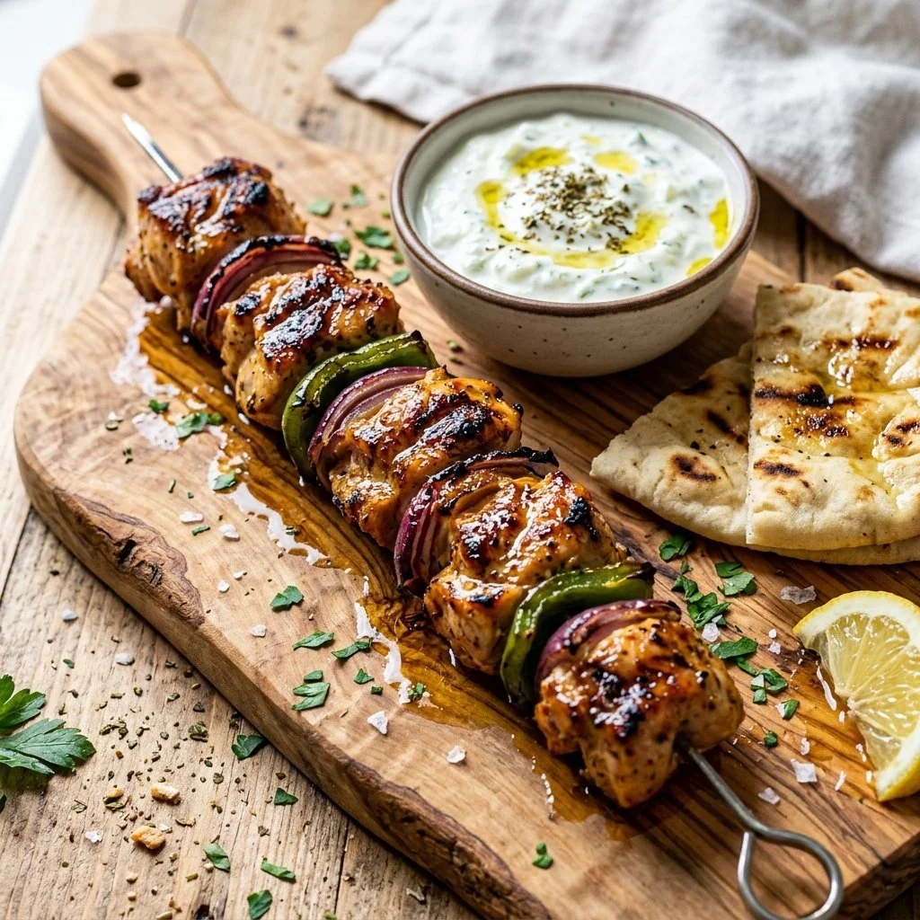 Delicious Chicken Souvlaki skewers served with tzatziki and vegetables.