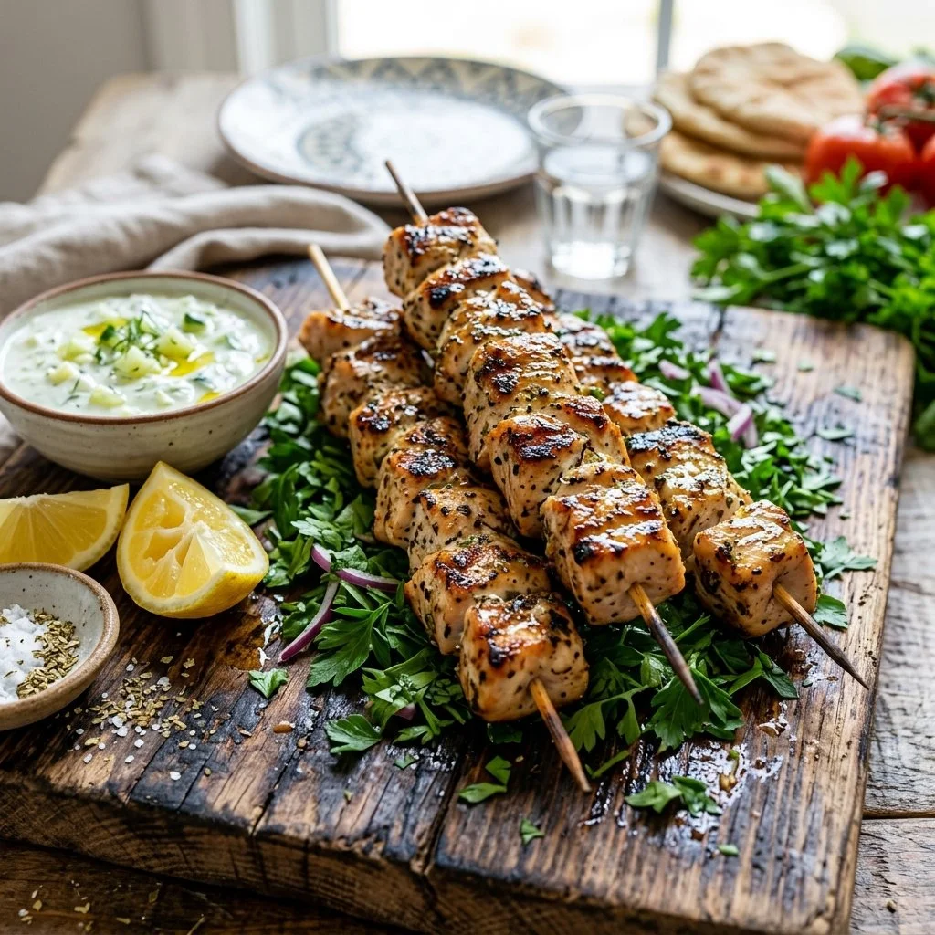 Grilled Chicken Souvlaki Skewers served with fresh vegetables and dipping sauce