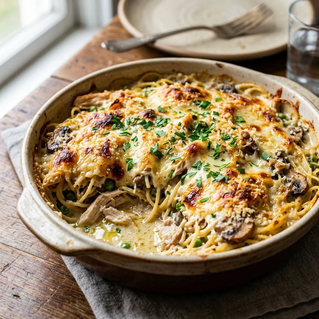 Creamy Chicken Tetrazzini served with herbs and cheese