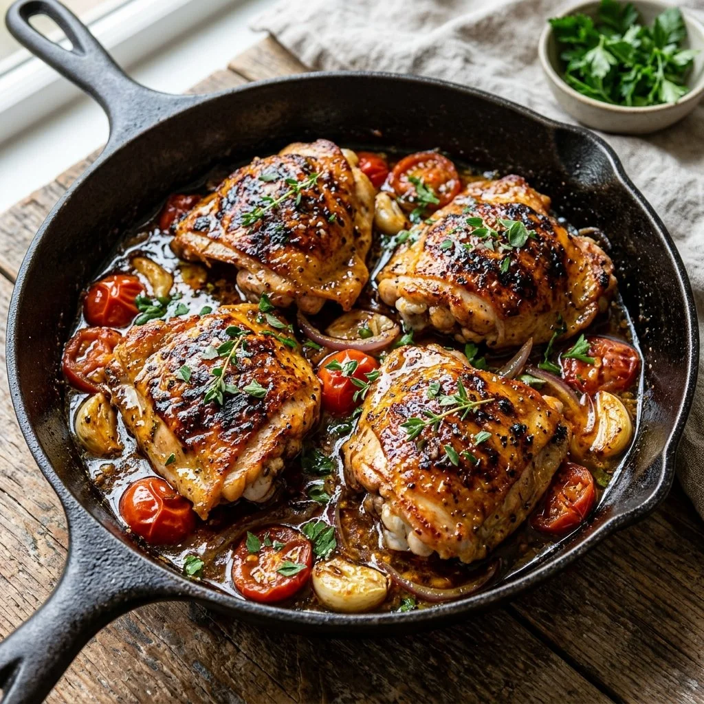 Delicious chicken thigh skillet served with vegetables and herbs