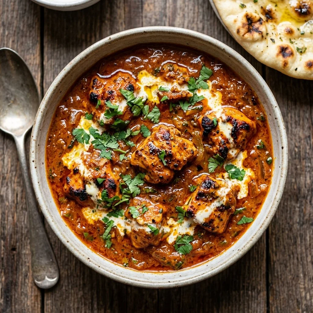 Bowl of Chicken Tikka Masala with fragrant rice and herbs