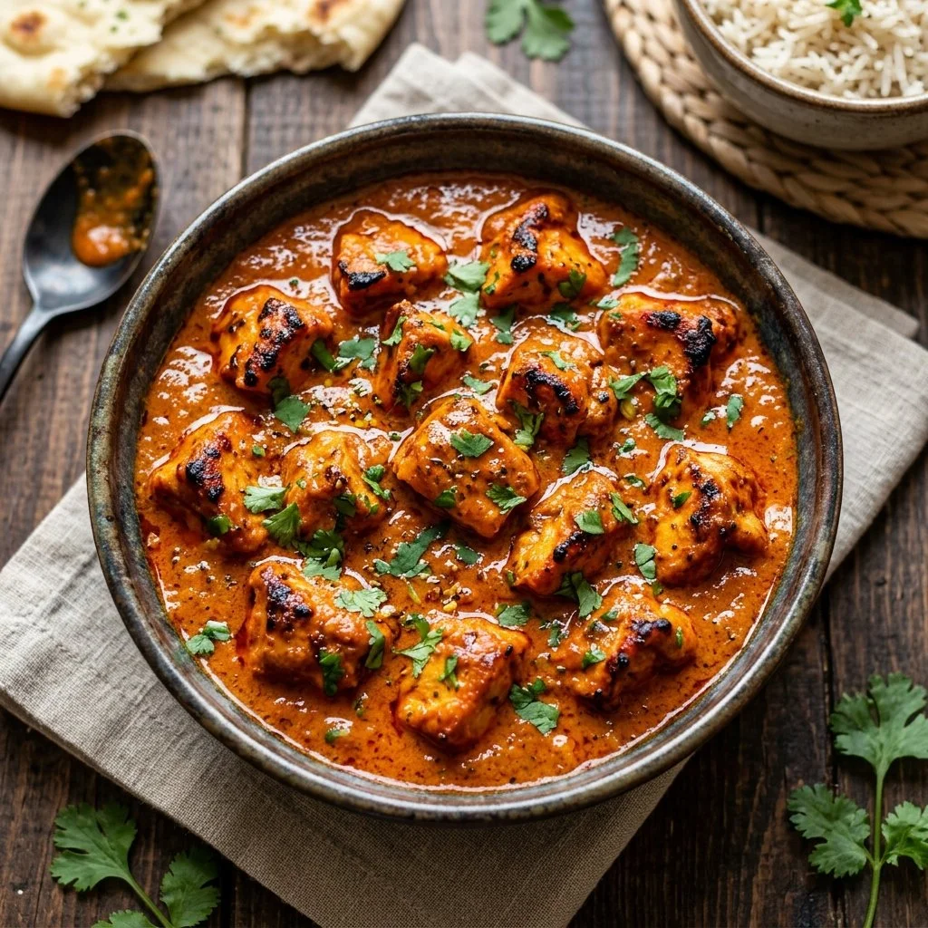 Delicious Chicken Tikka Masala served with rice and naan bread