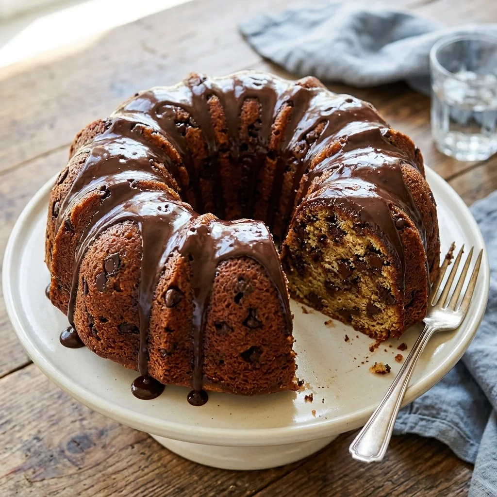 Delicious Chocolate Chip Bundt Cake displayed on a rustic wooden table