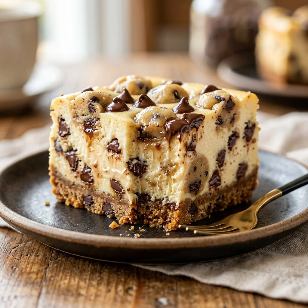 Delicious chocolate chip cookie dough cheesecake topped with cookie dough pieces
