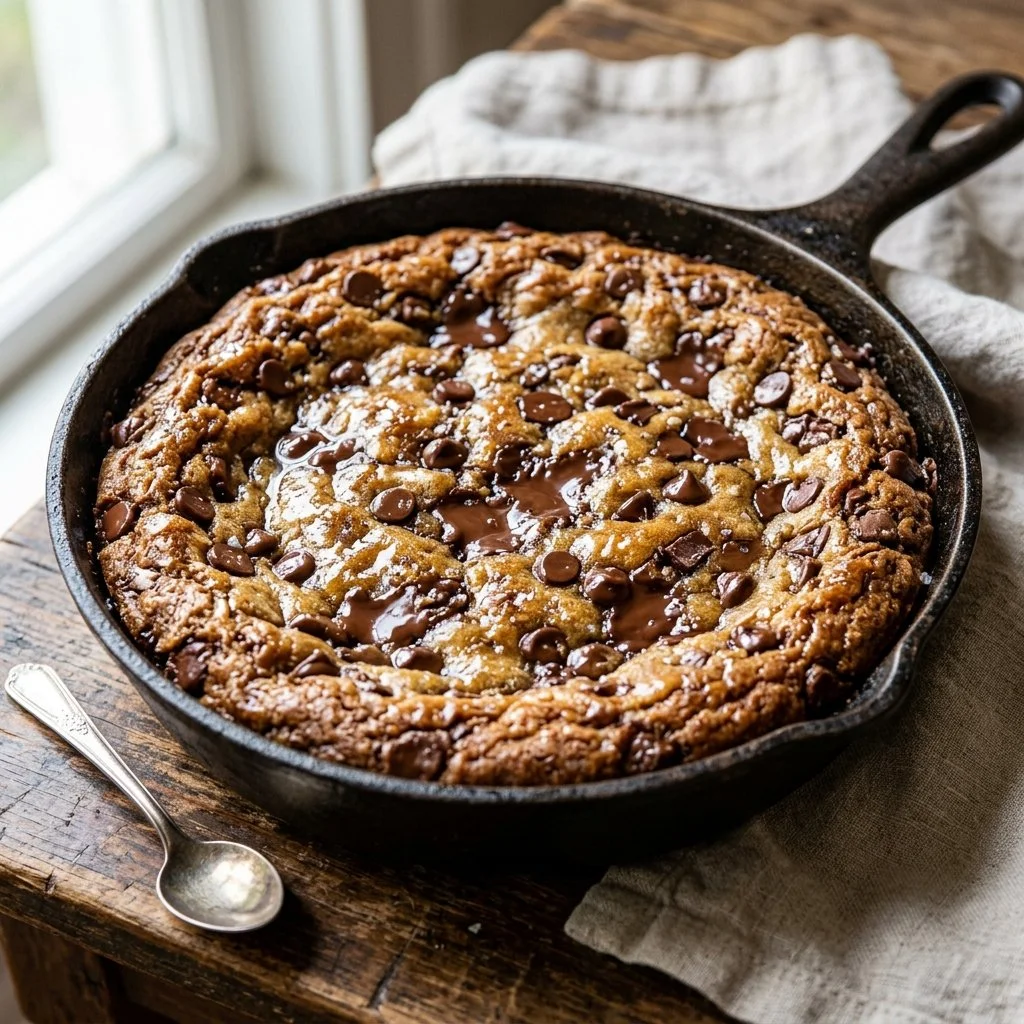 Warm chocolate chip skillet cookie served in a cast-iron skillet