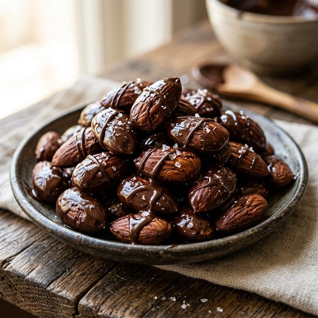 A plate of chocolate covered almonds, a delicious and healthy snack.