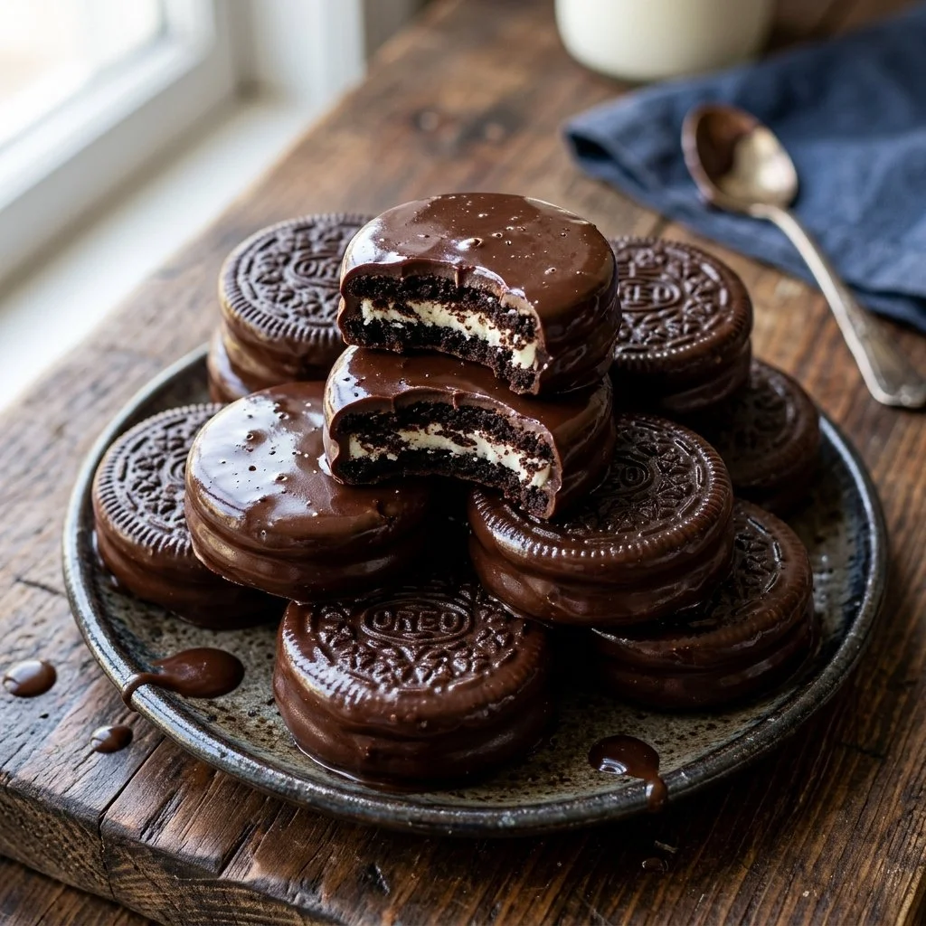Chocolate covered Oreos stacked on a plate, drizzled with white chocolate.